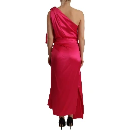 Silk Pink Fitted Cut One Shoulder Midi Dress