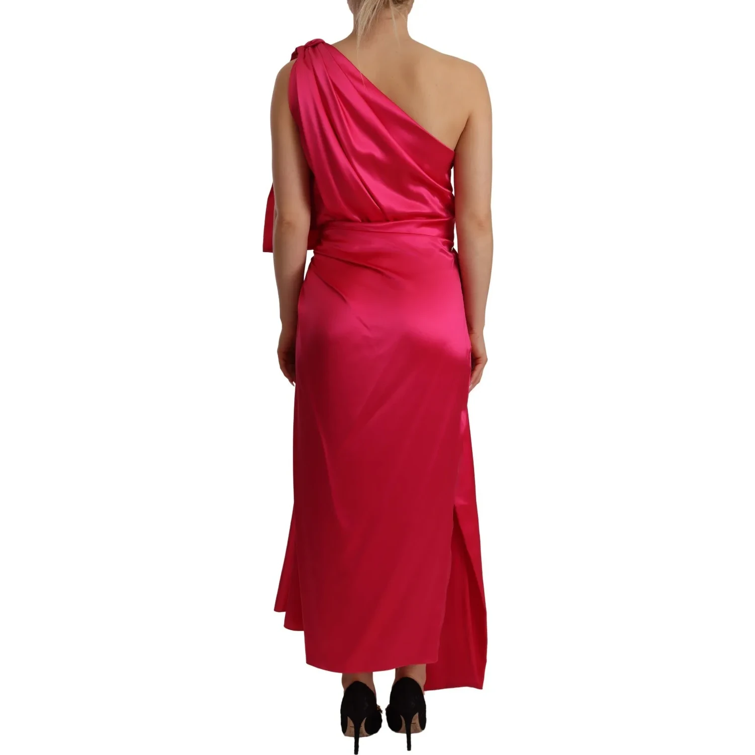 Silk Pink Fitted Cut One Shoulder Midi Dress