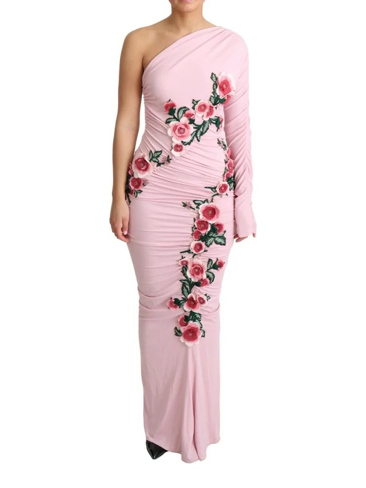 Pink Flower Embellished One Shoulder Dress