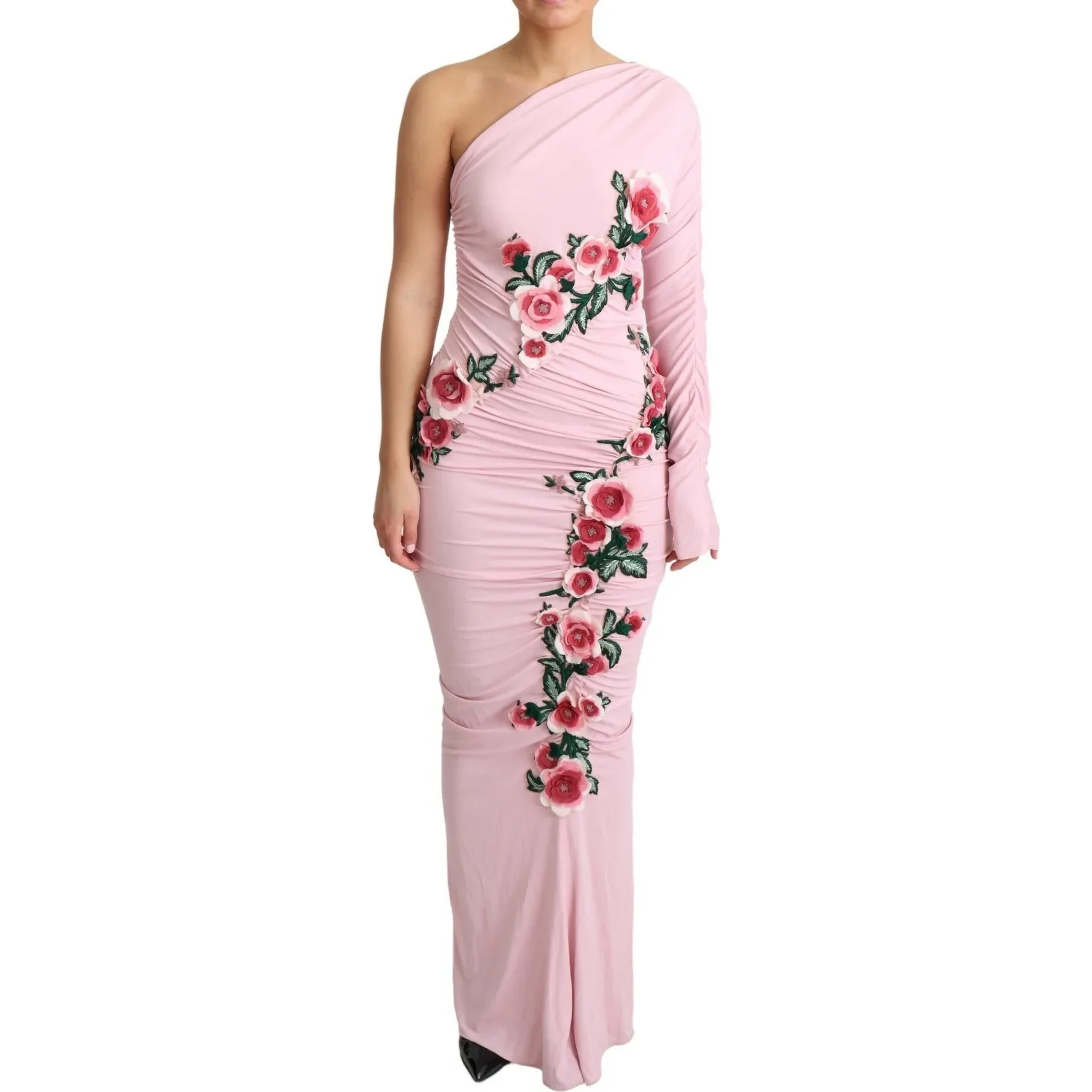 Pink Flower Embellished One Shoulder Dress