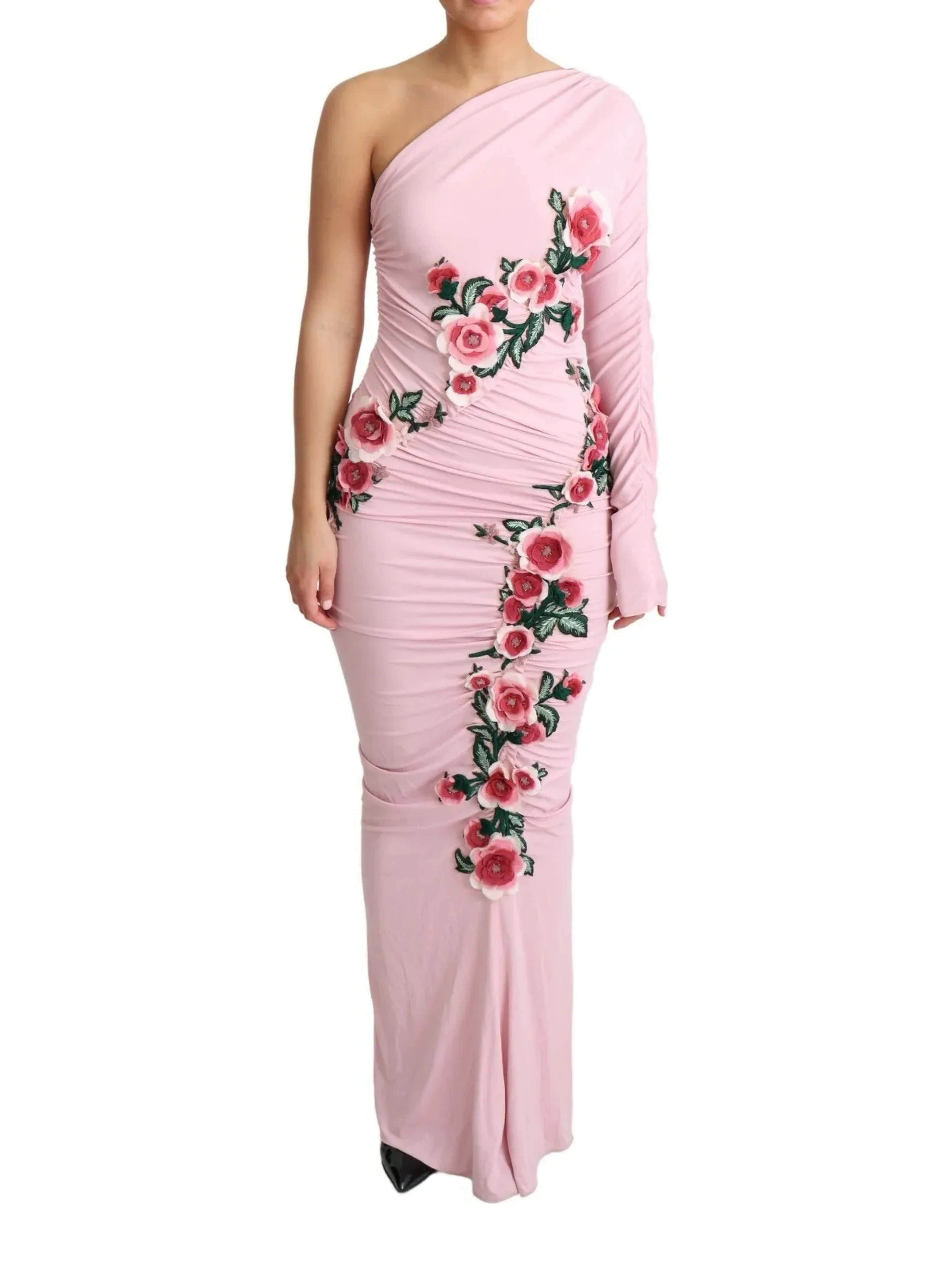 Pink Flower Embellished One Shoulder Dress