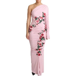 Pink Flower Embellished One Shoulder Dress