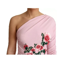 Pink Flower Embellished One Shoulder Dress