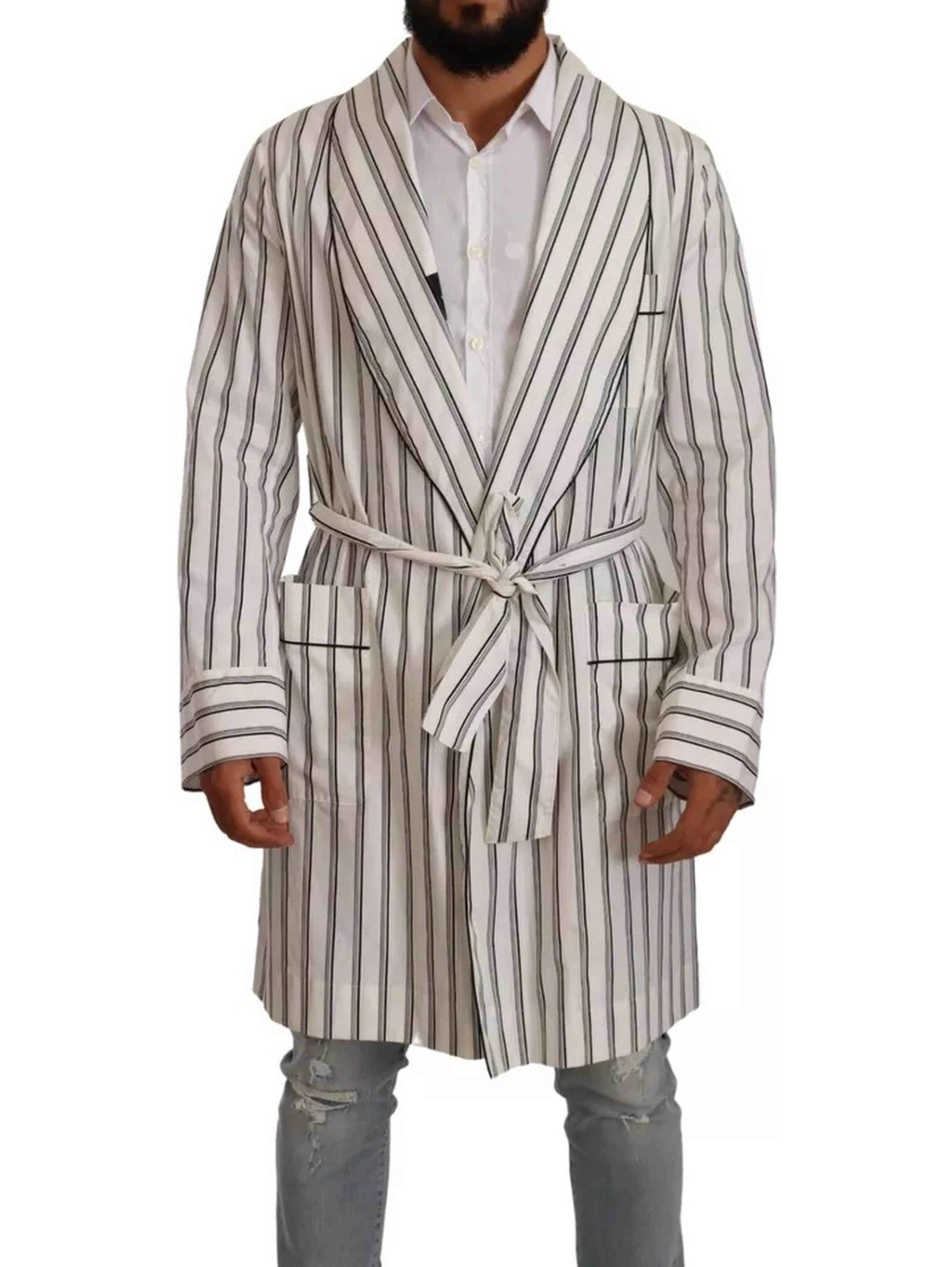 White Striped Cotton Robe Coat Wrap Jacket