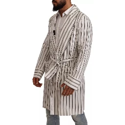 White Striped Cotton Robe Coat Wrap Jacket