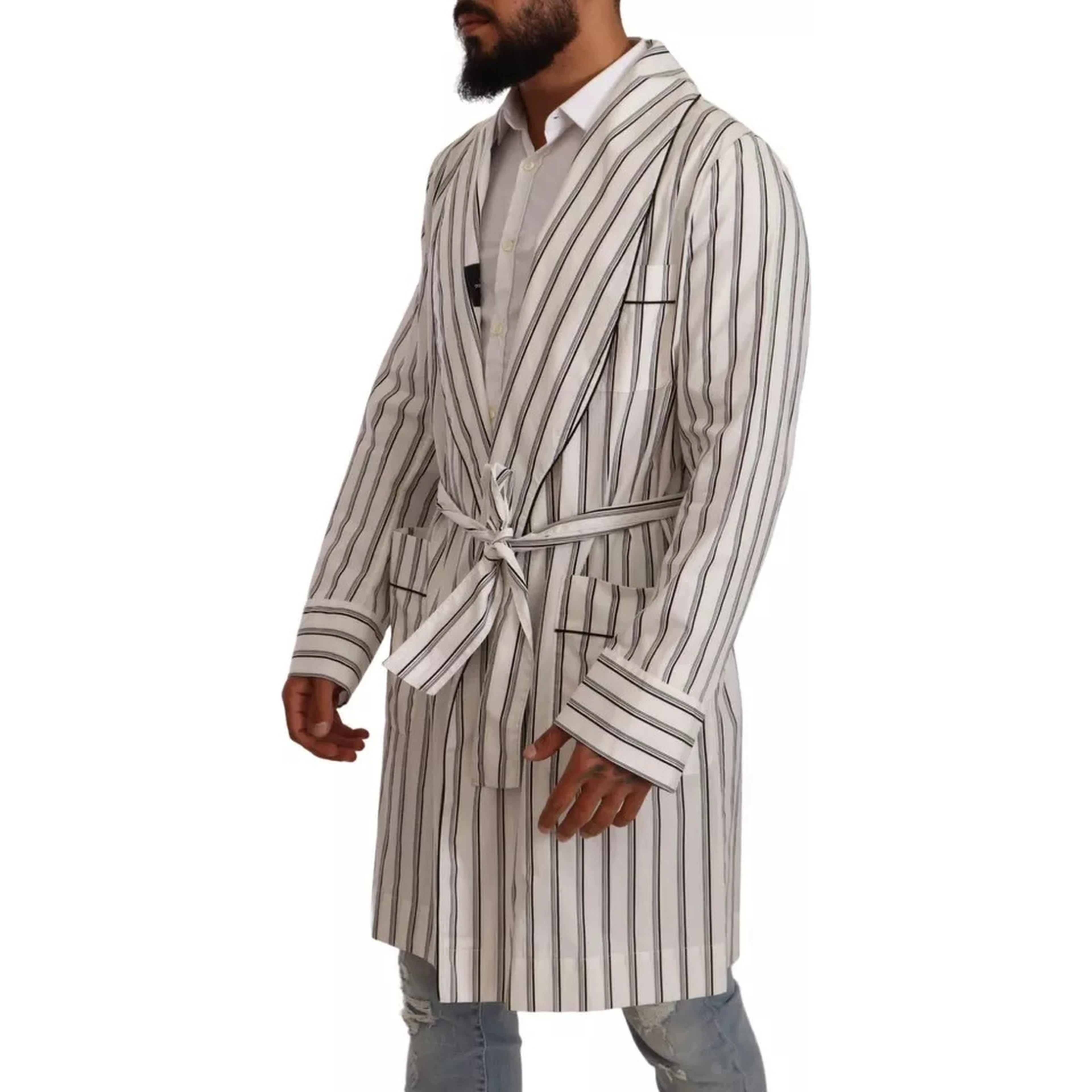 White Striped Cotton Robe Coat Wrap Jacket