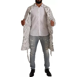 White Striped Cotton Robe Coat Wrap Jacket