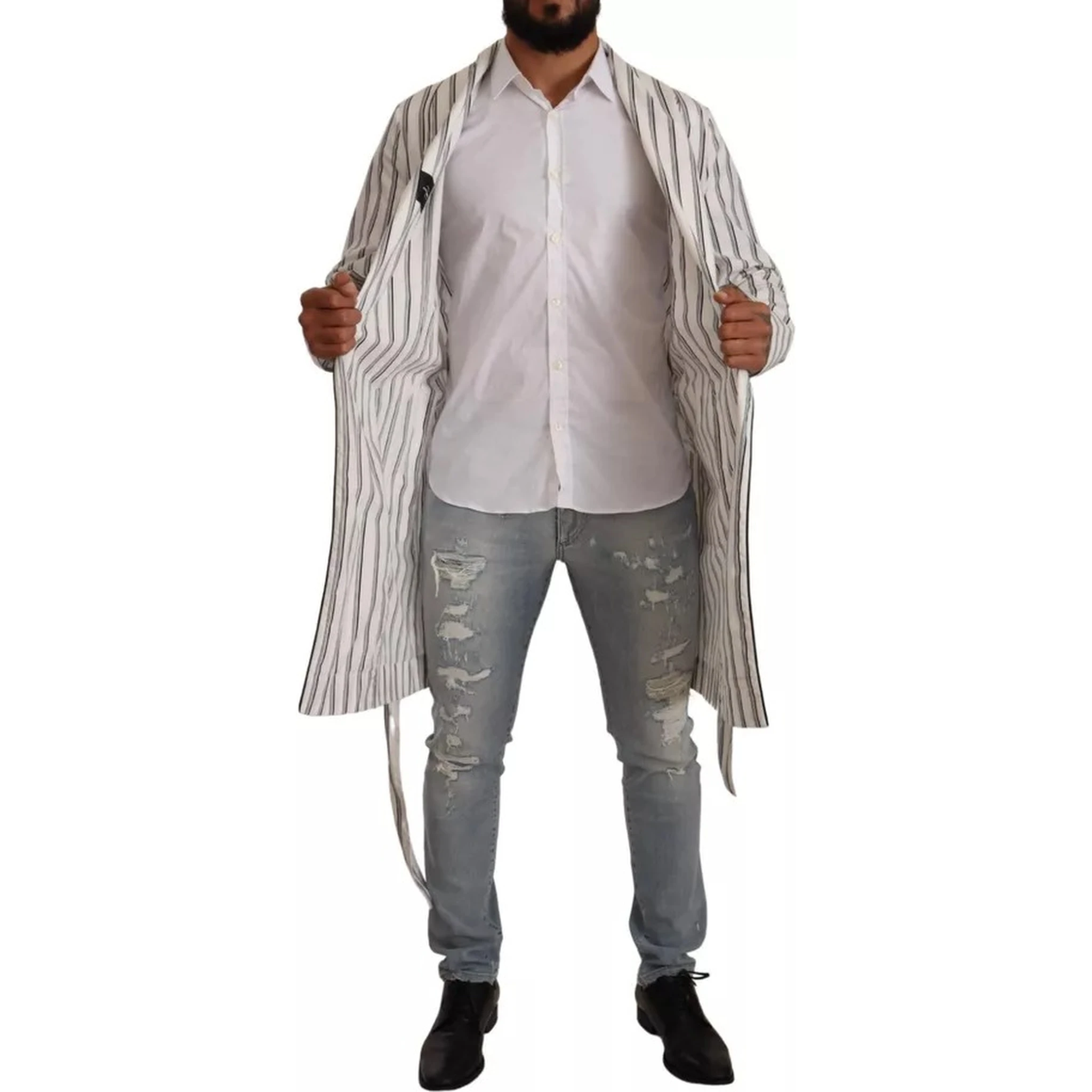 White Striped Cotton Robe Coat Wrap Jacket