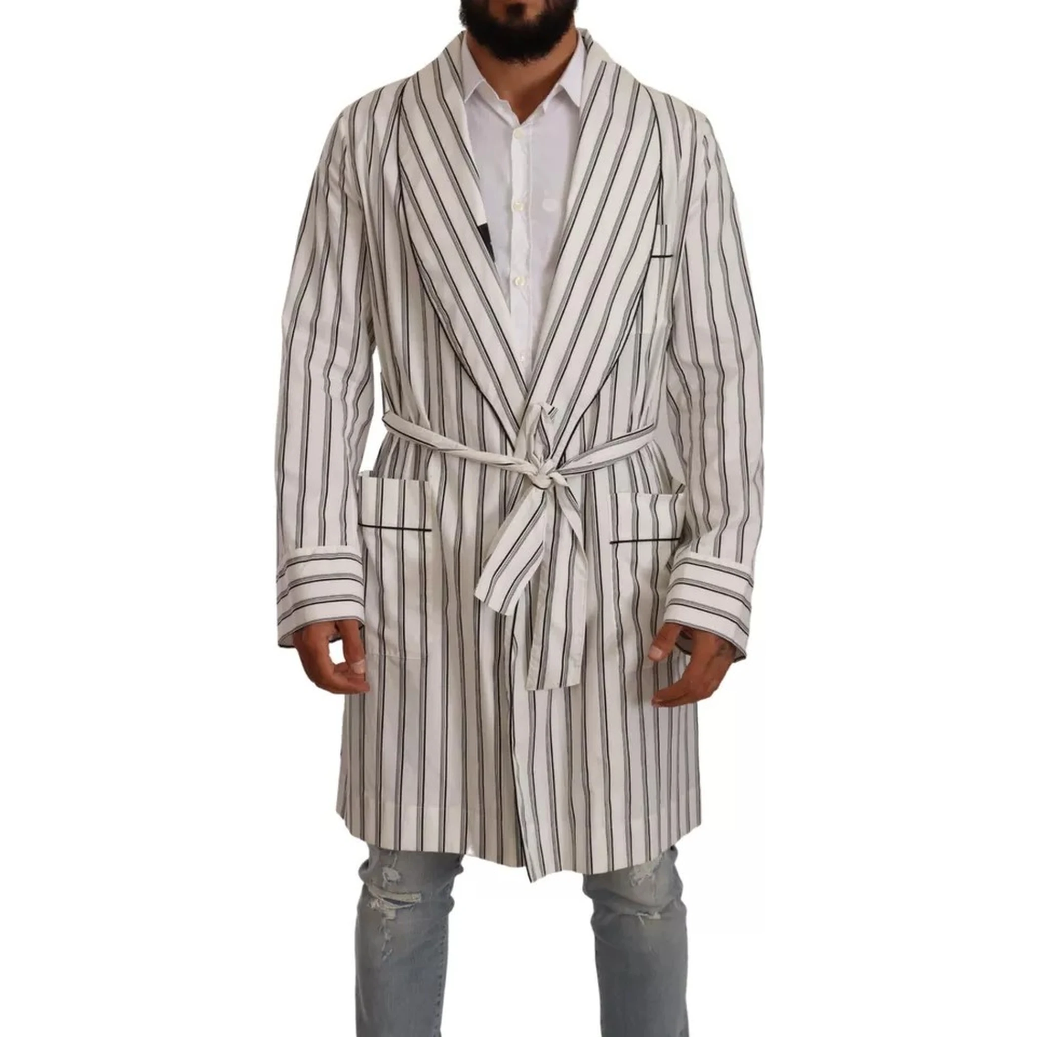 White Striped Cotton Robe Coat Wrap Jacket