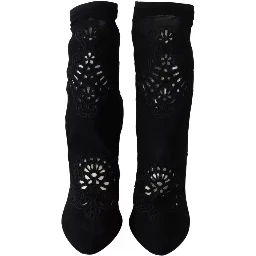 Black Stretch Pumps Boots Floral Lace Shoes
