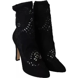 Black Stretch Pumps Boots Floral Lace Shoes