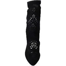 Black Stretch Pumps Boots Floral Lace Shoes