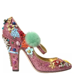 Pink Embellished Fur Mary Jane Pumps Shoes