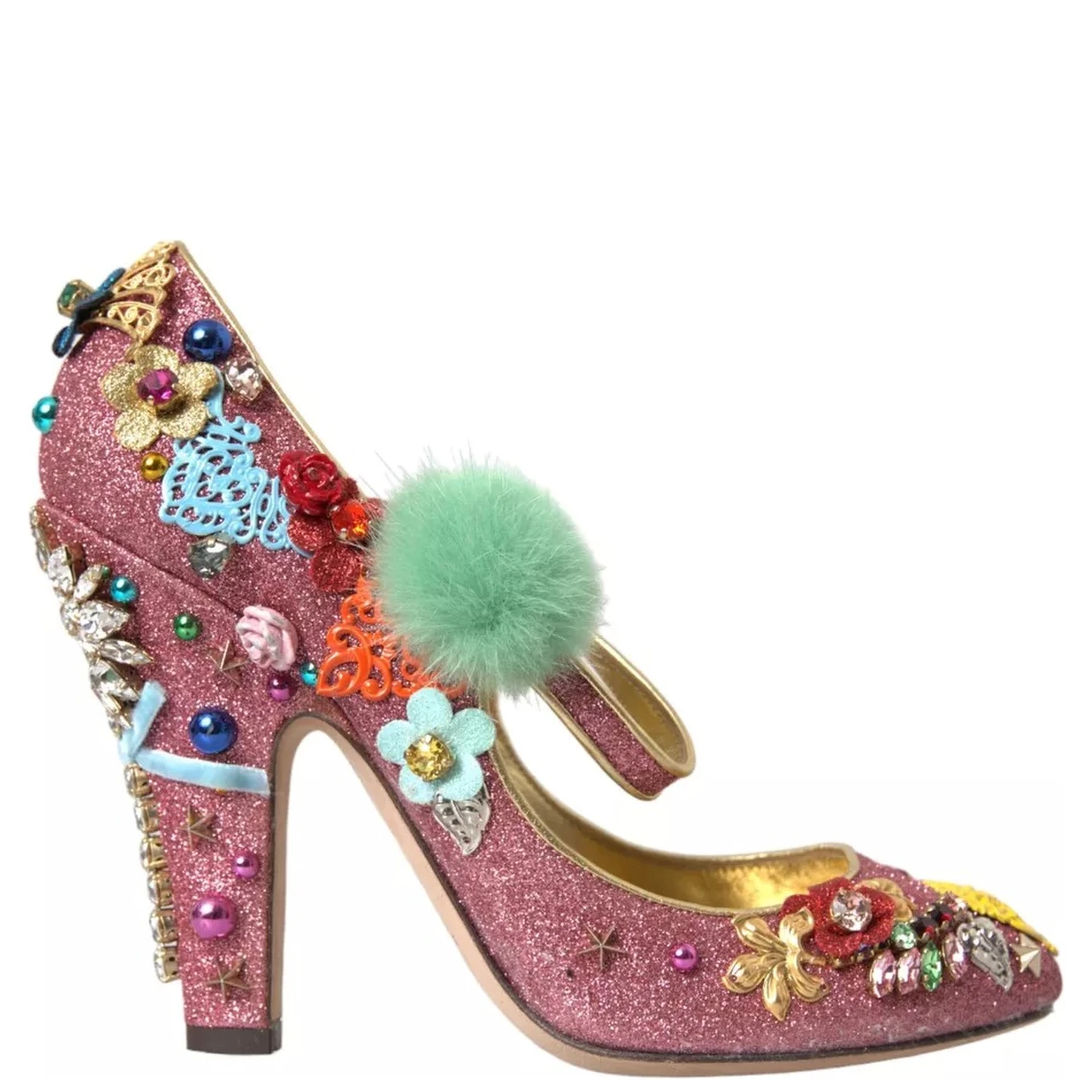 Pink Embellished Fur Mary Jane Pumps Shoes