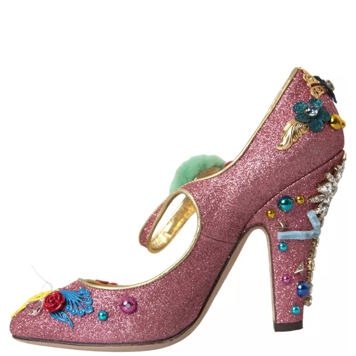 Pink Embellished Fur Mary Jane Pumps Shoes