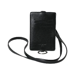 Black Calf Leather Lanyard Logo Card Holder Men Wallet