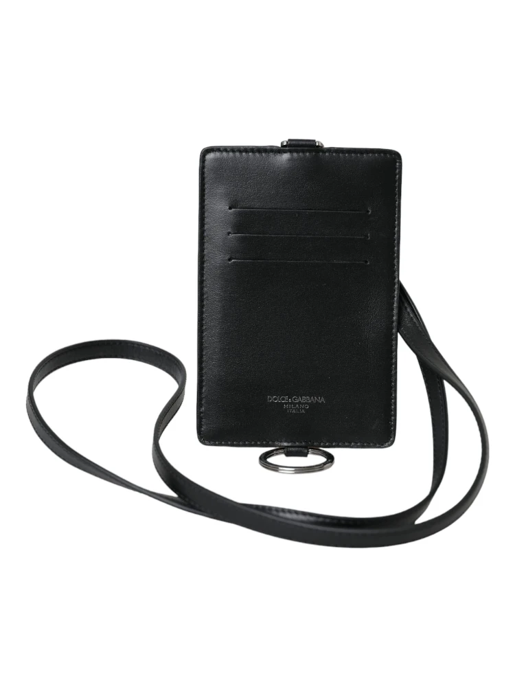 Black Calf Leather Lanyard Logo Card Holder Men Wallet