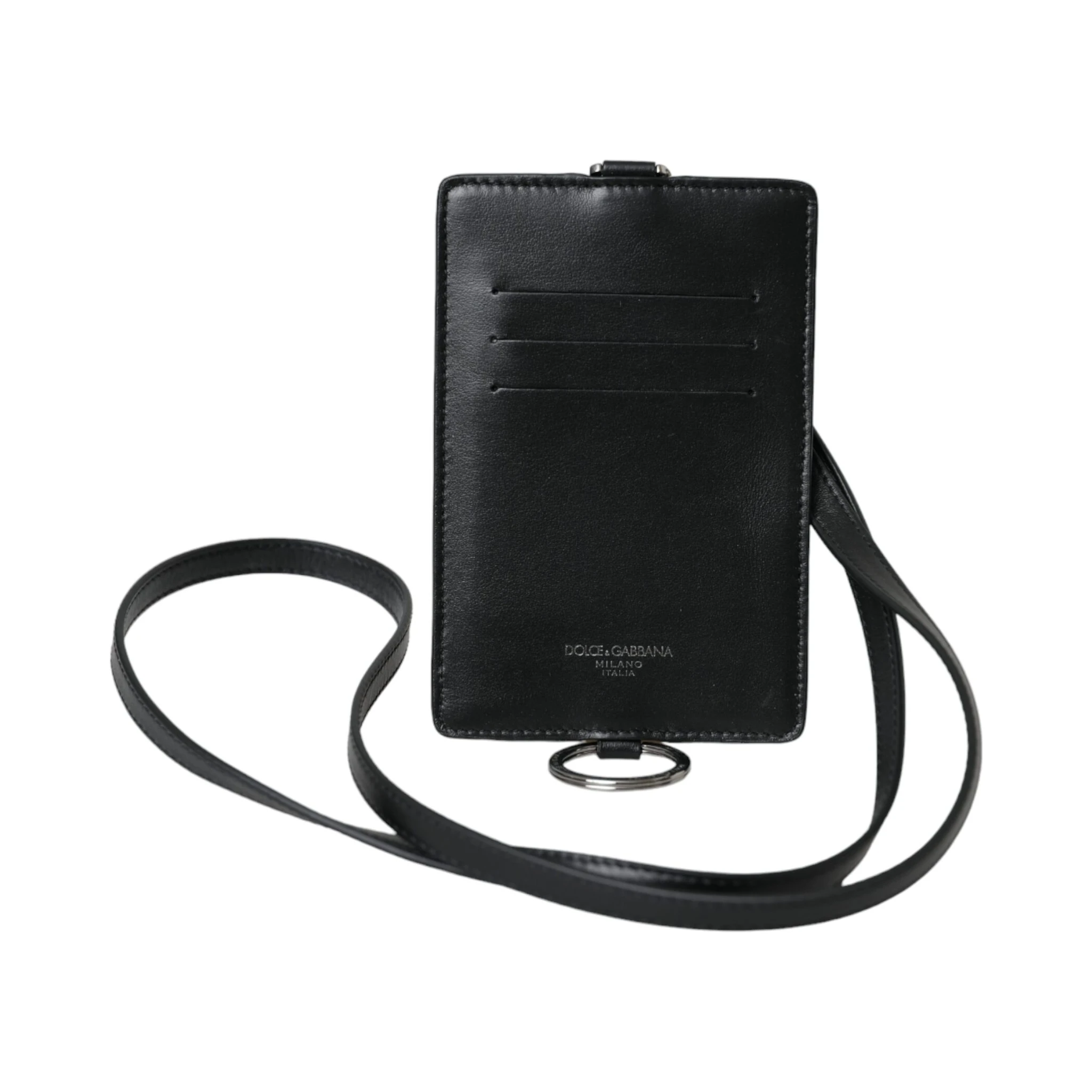 Black Calf Leather Lanyard Logo Card Holder Men Wallet