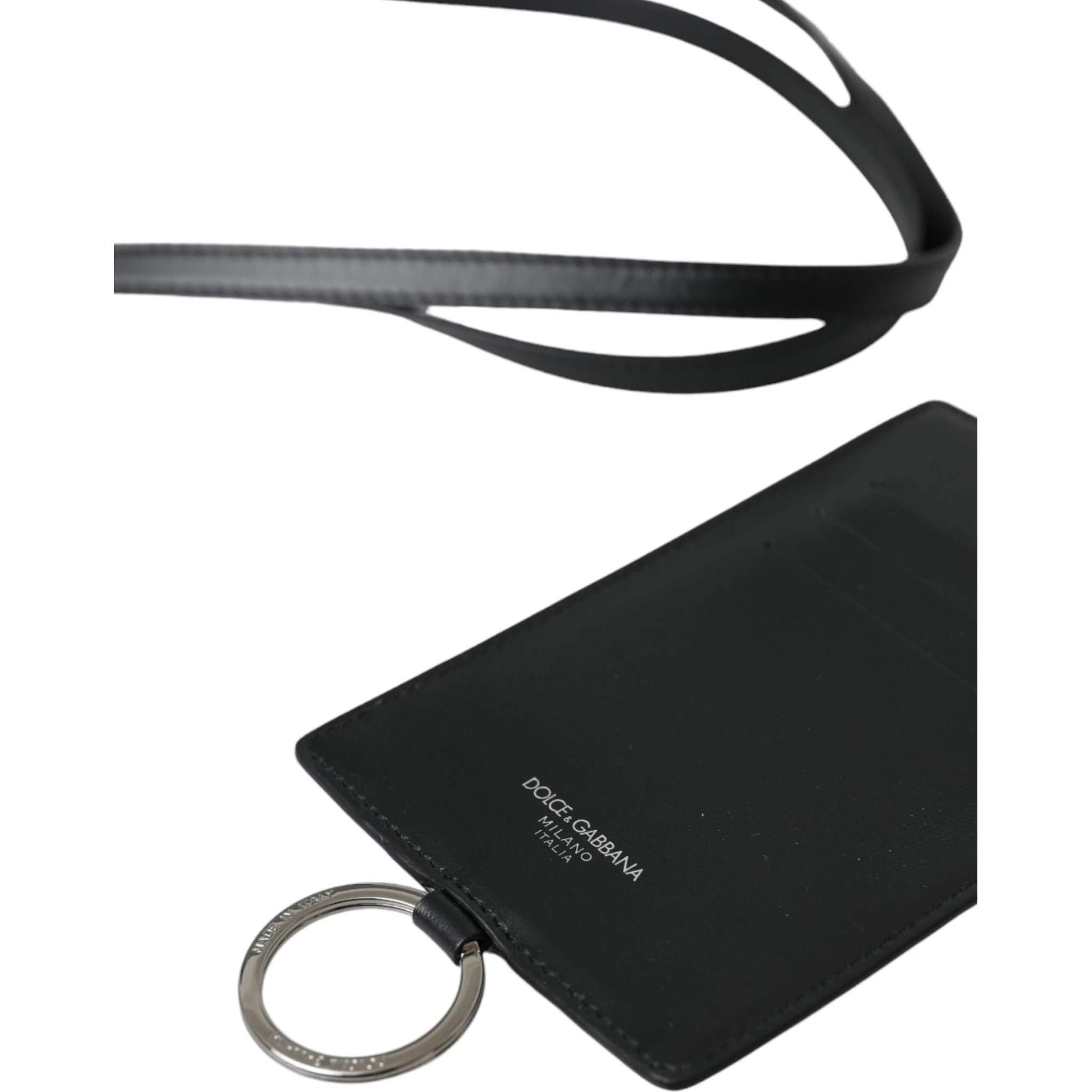 Black Calf Leather Lanyard Logo Card Holder Men Wallet