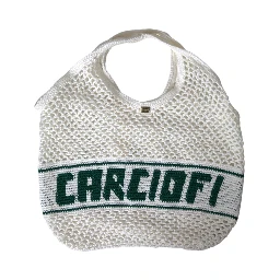White Green Knitted Cotton Logo Shopping Tote Bag