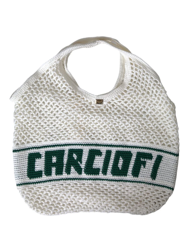 White Green Knitted Cotton Logo Shopping Tote Bag