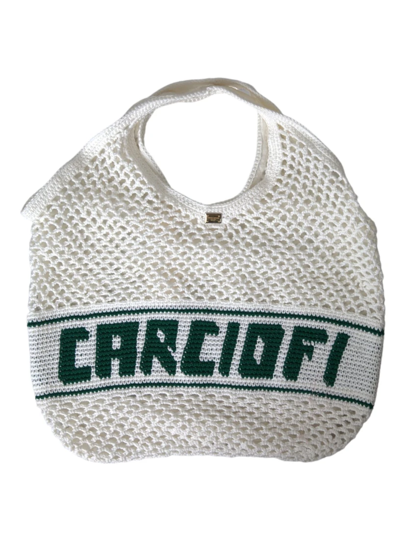White Green Knitted Cotton Logo Shopping Tote Bag