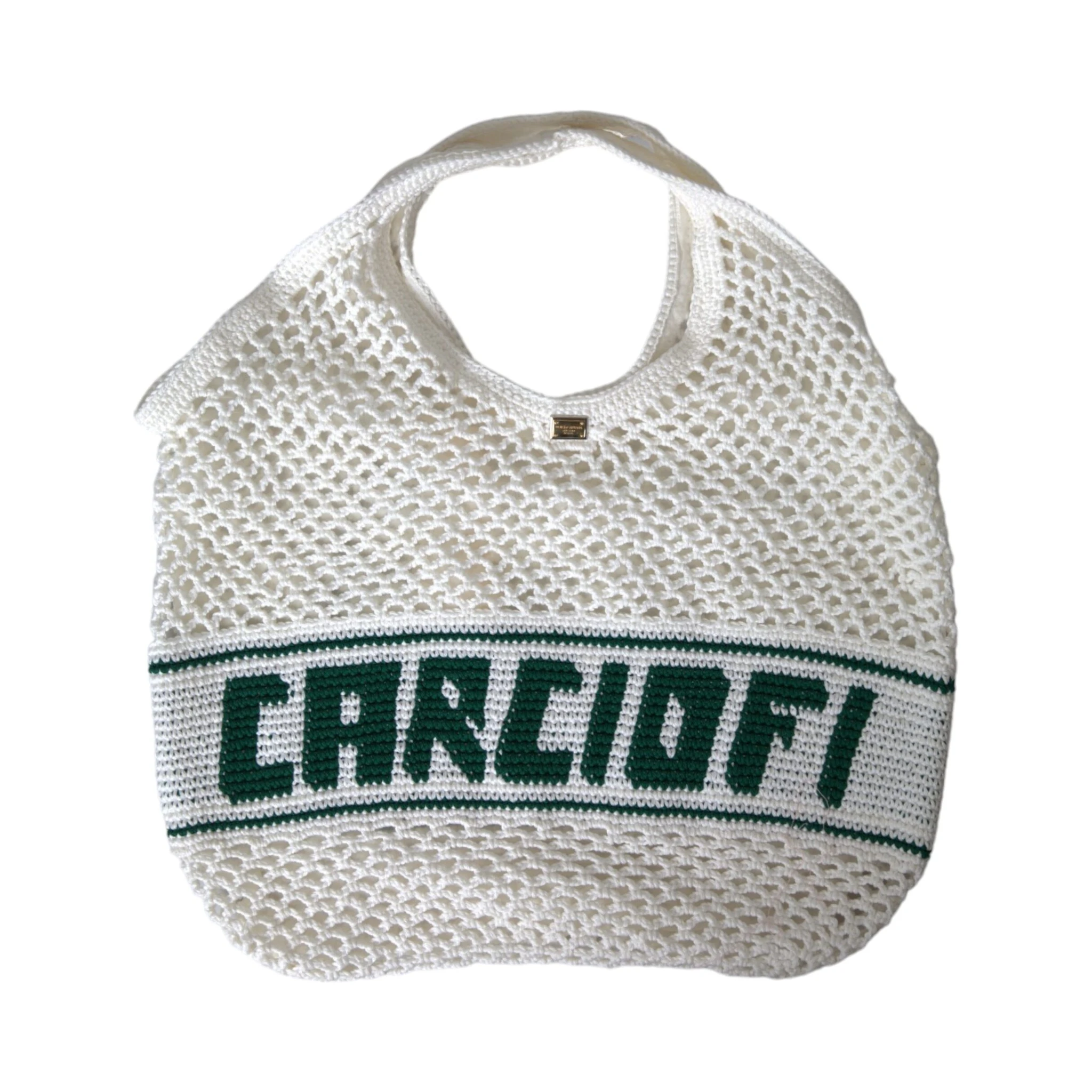White Green Knitted Cotton Logo Shopping Tote Bag