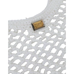 White Green Knitted Cotton Logo Shopping Tote Bag