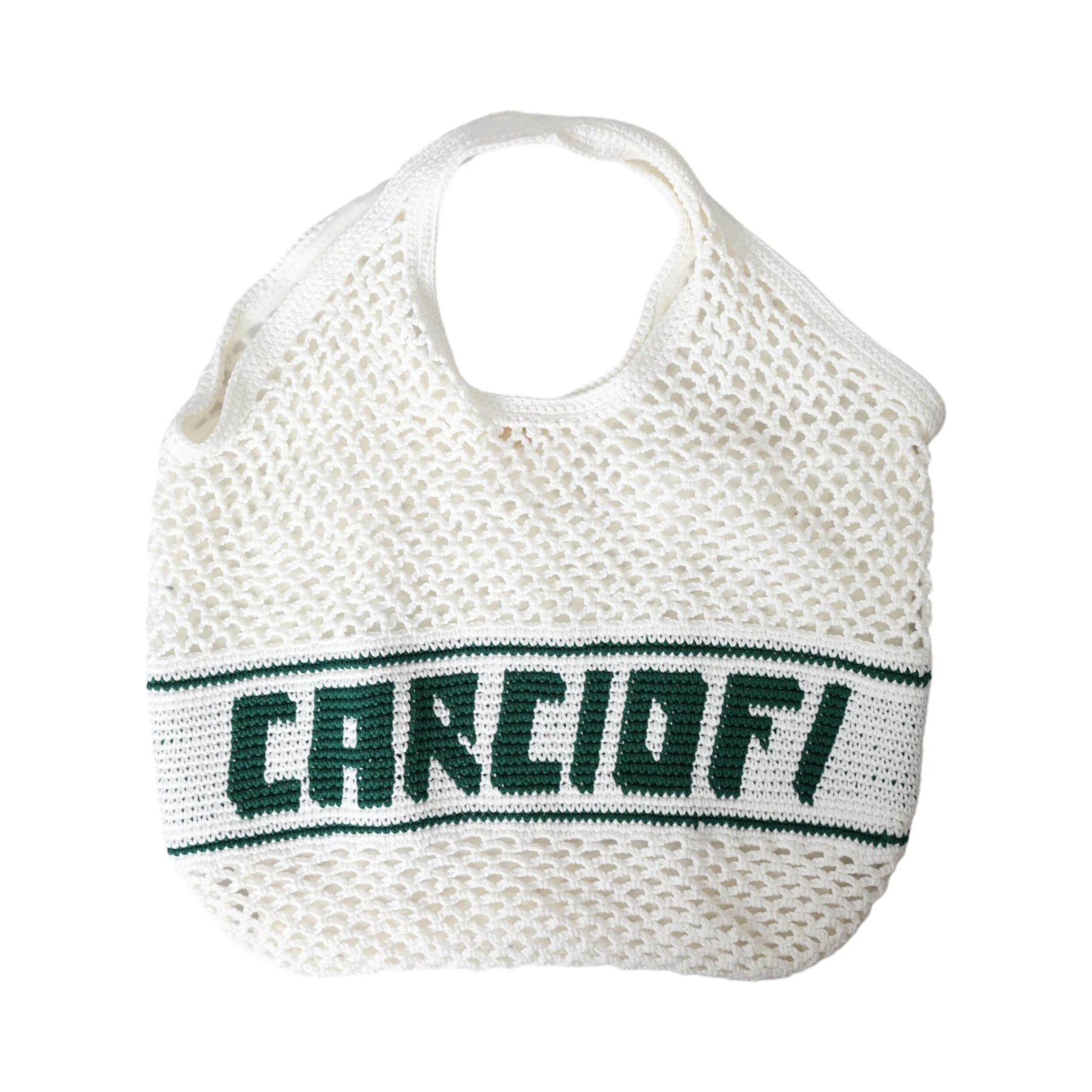 White Green Knitted Cotton Logo Shopping Tote Bag