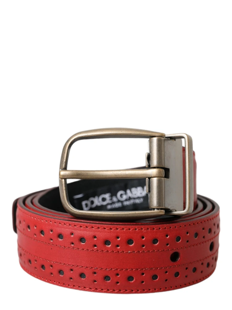 Red Perforated Leather Metal Buckle Belt Men