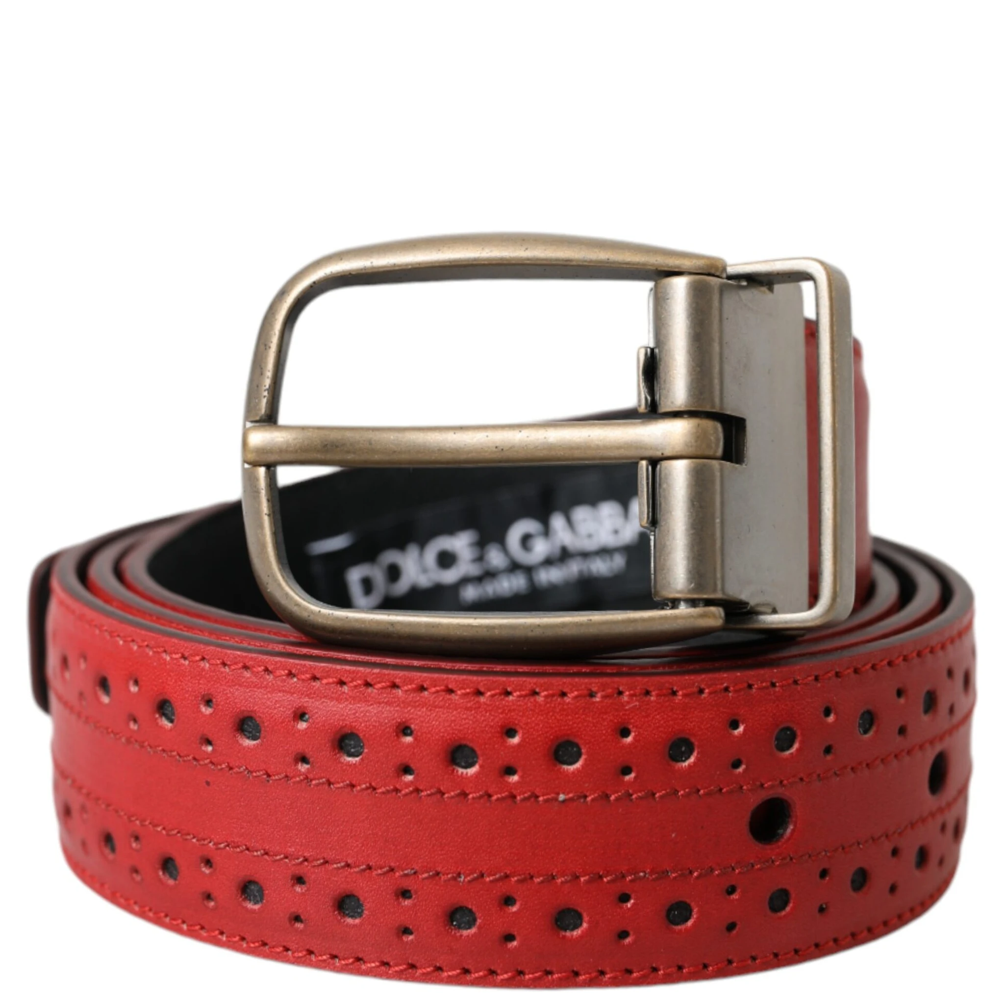 Red Perforated Leather Metal Buckle Belt Men