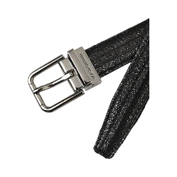 Black Jacquard Stripes Silver Metal Buckle Belt