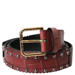 Brown Alligator Leather Studded Metal Buckle Belt