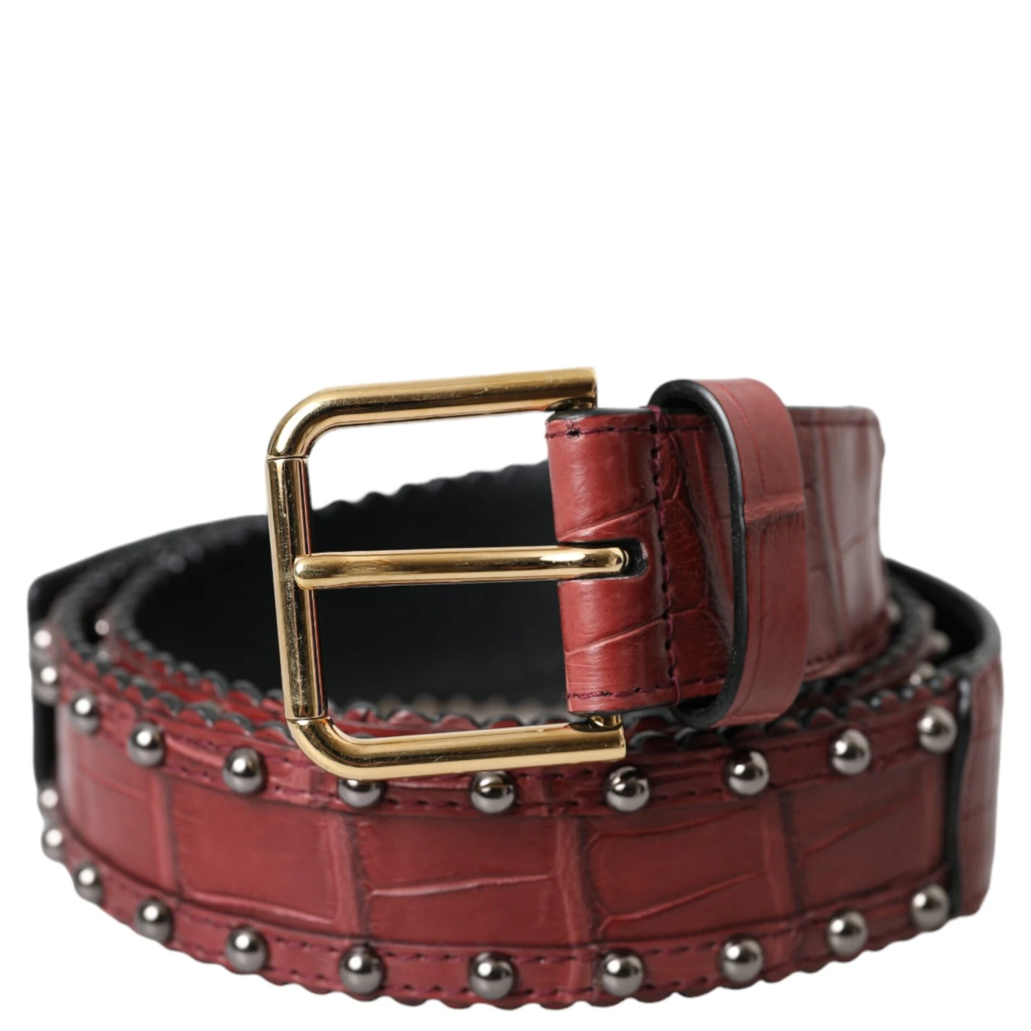 Brown Alligator Leather Studded Metal Buckle Belt
