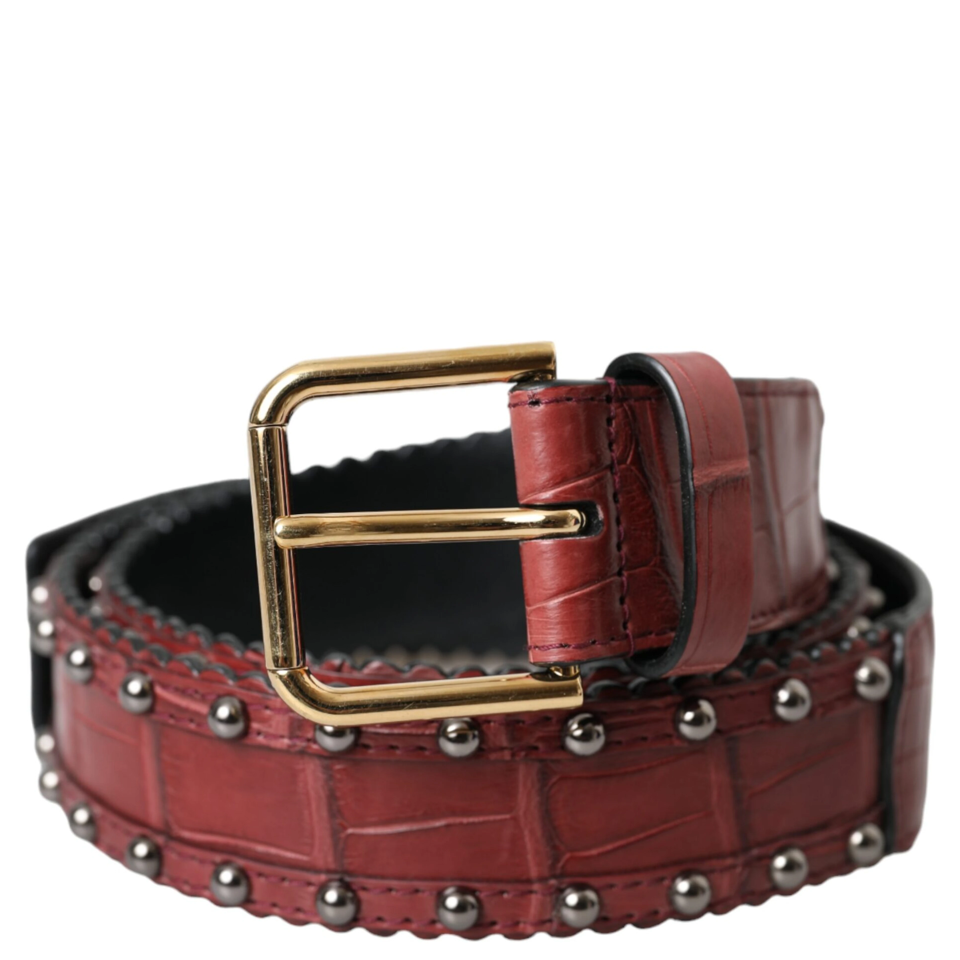 Brown Alligator Leather Studded Metal Buckle Belt