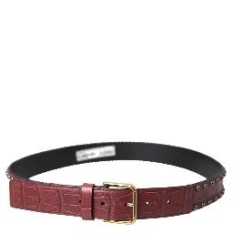 Brown Alligator Leather Studded Metal Buckle Belt