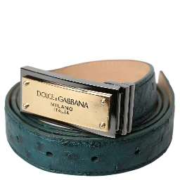 Green Leather Gold Logo Engraved Buckle Belt