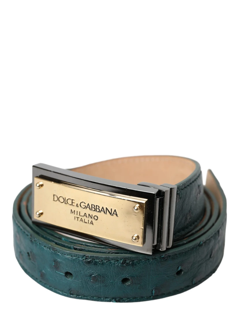 Green Leather Gold Logo Engraved Buckle Belt