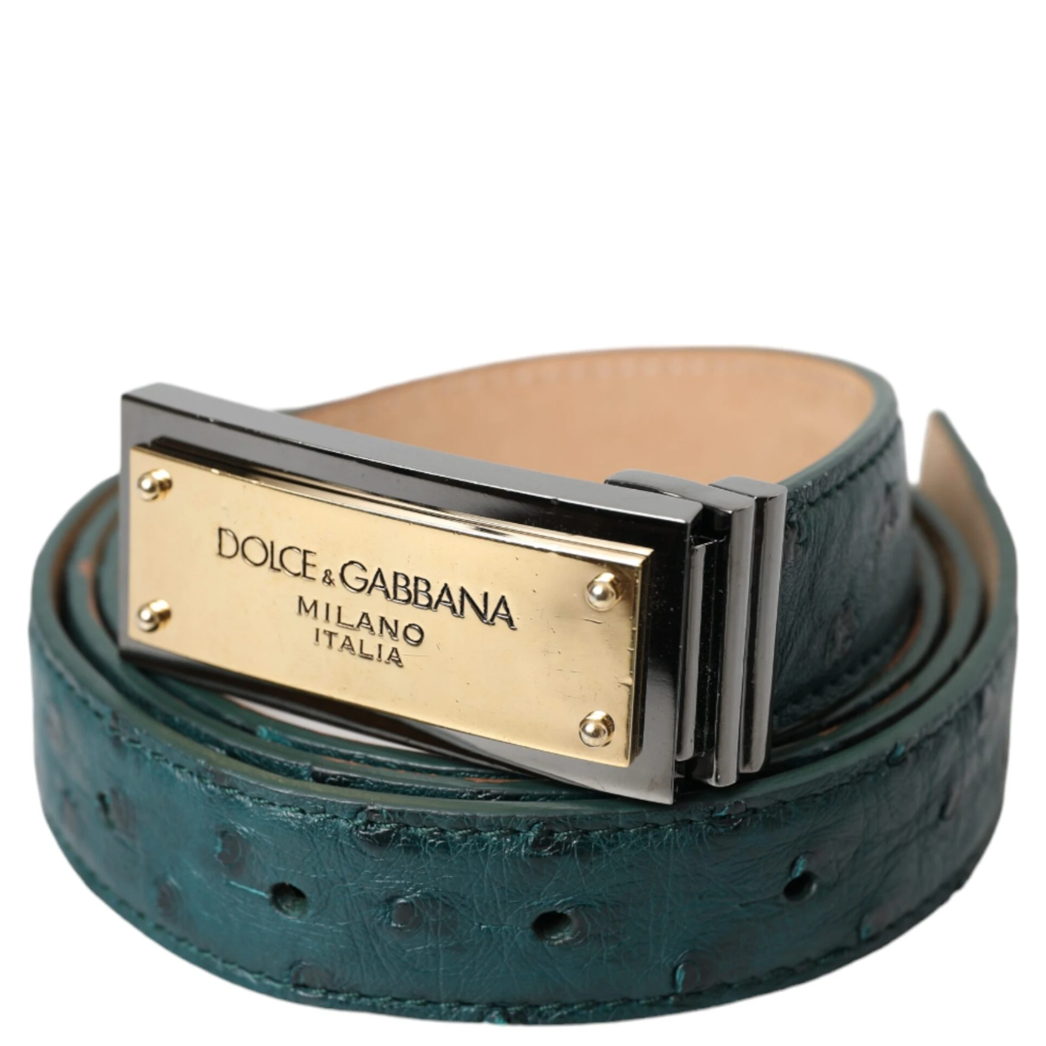 Green Leather Gold Logo Engraved Buckle Belt