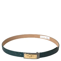 Green Leather Gold Logo Engraved Buckle Belt