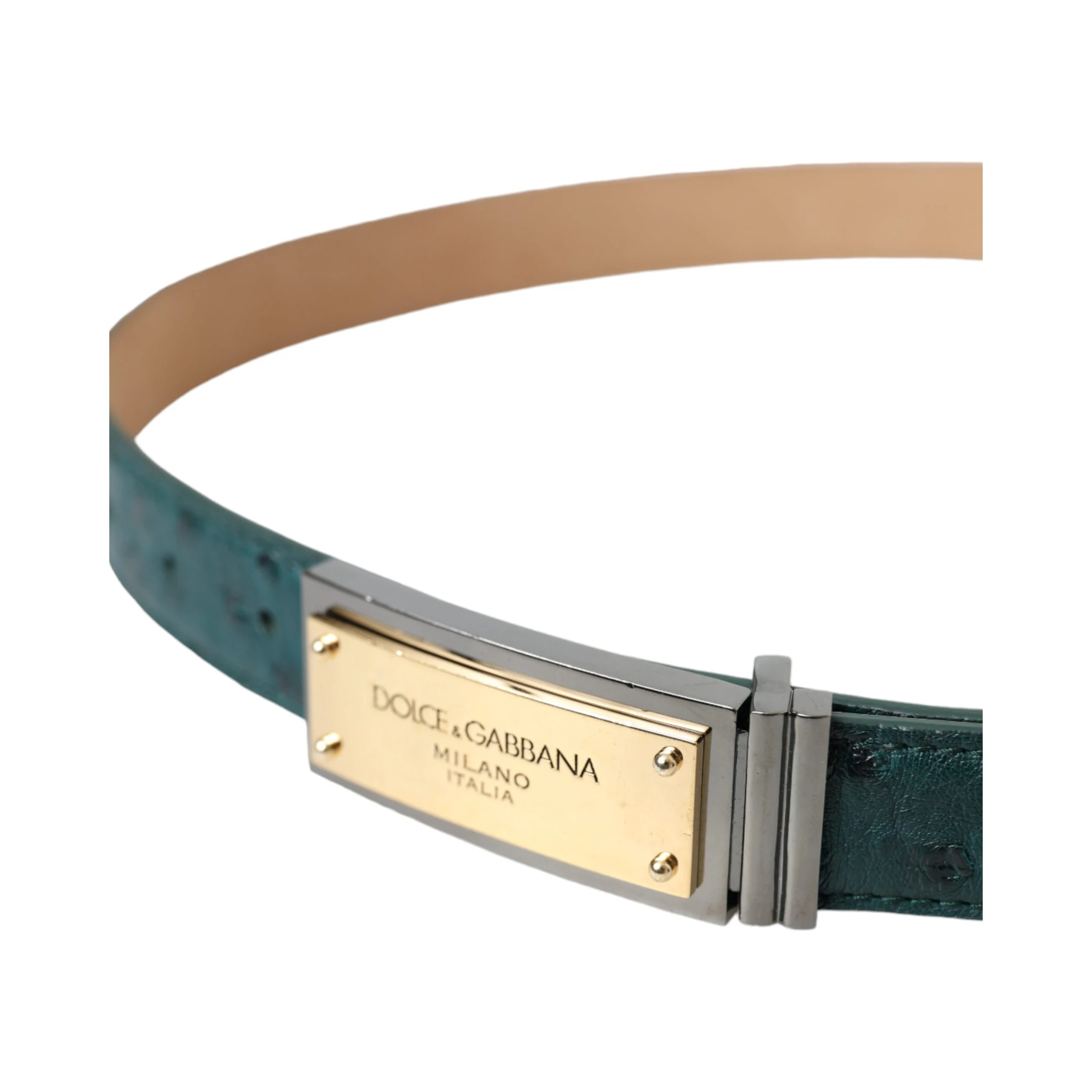 Green Leather Gold Logo Engraved Buckle Belt