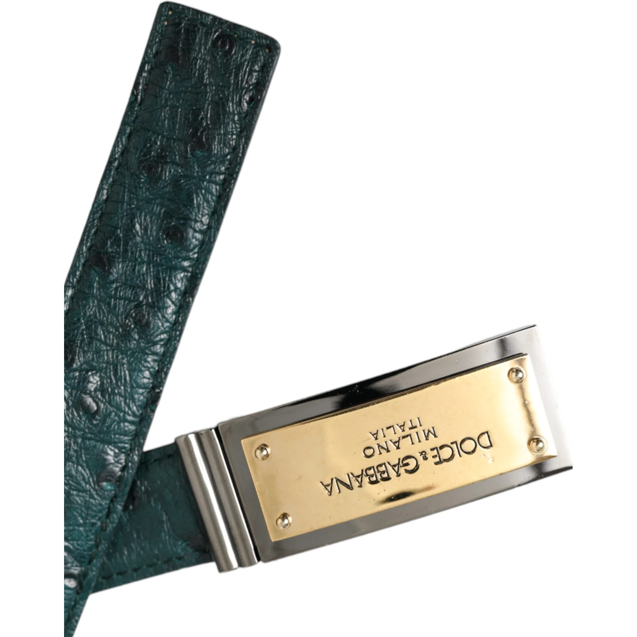 Green Leather Gold Logo Engraved Buckle Belt