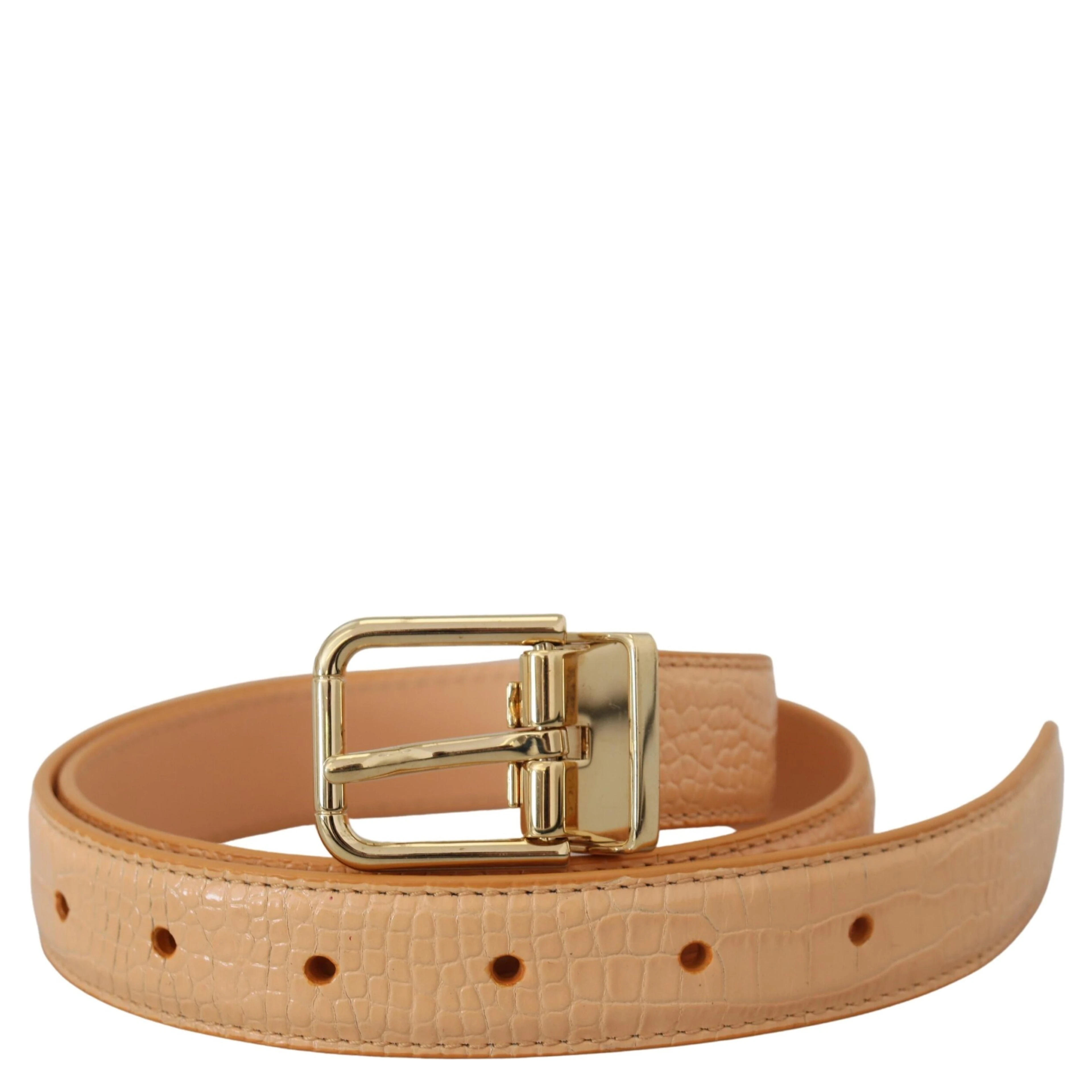 Beige Exotic Leather Gold Metal Buckle Belt