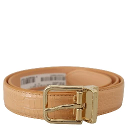Beige Exotic Leather Gold Metal Buckle Belt