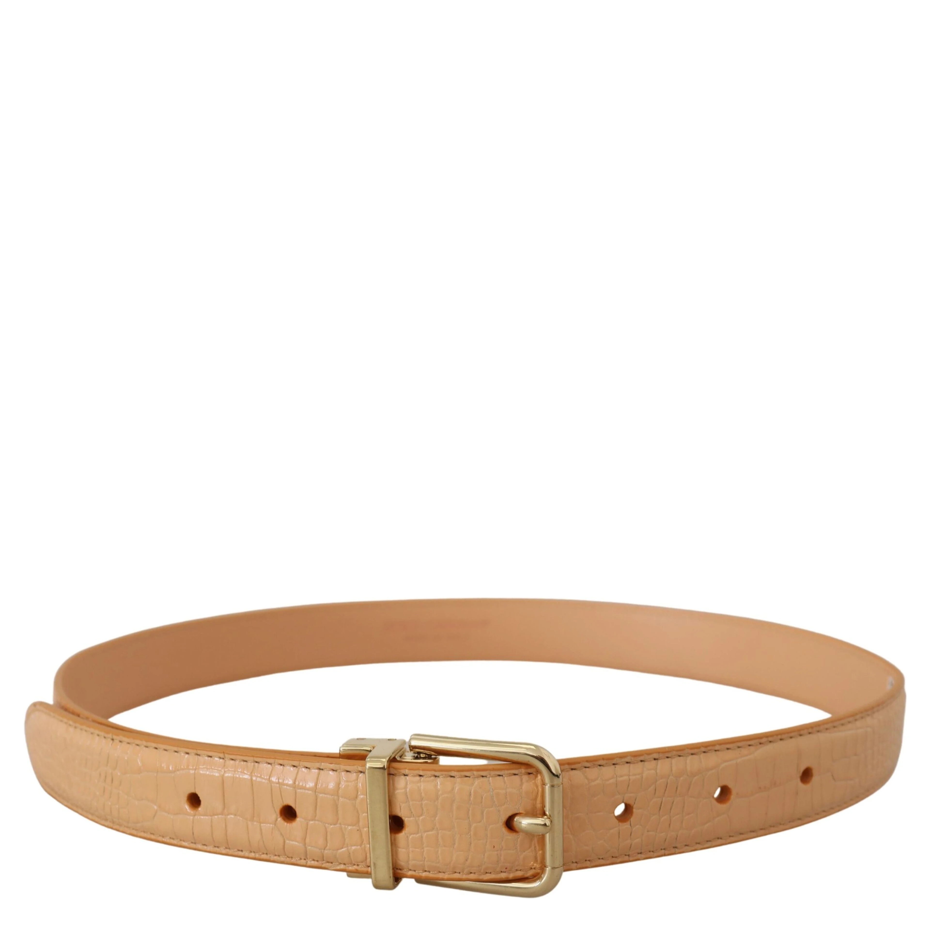 Beige Exotic Leather Gold Metal Buckle Belt