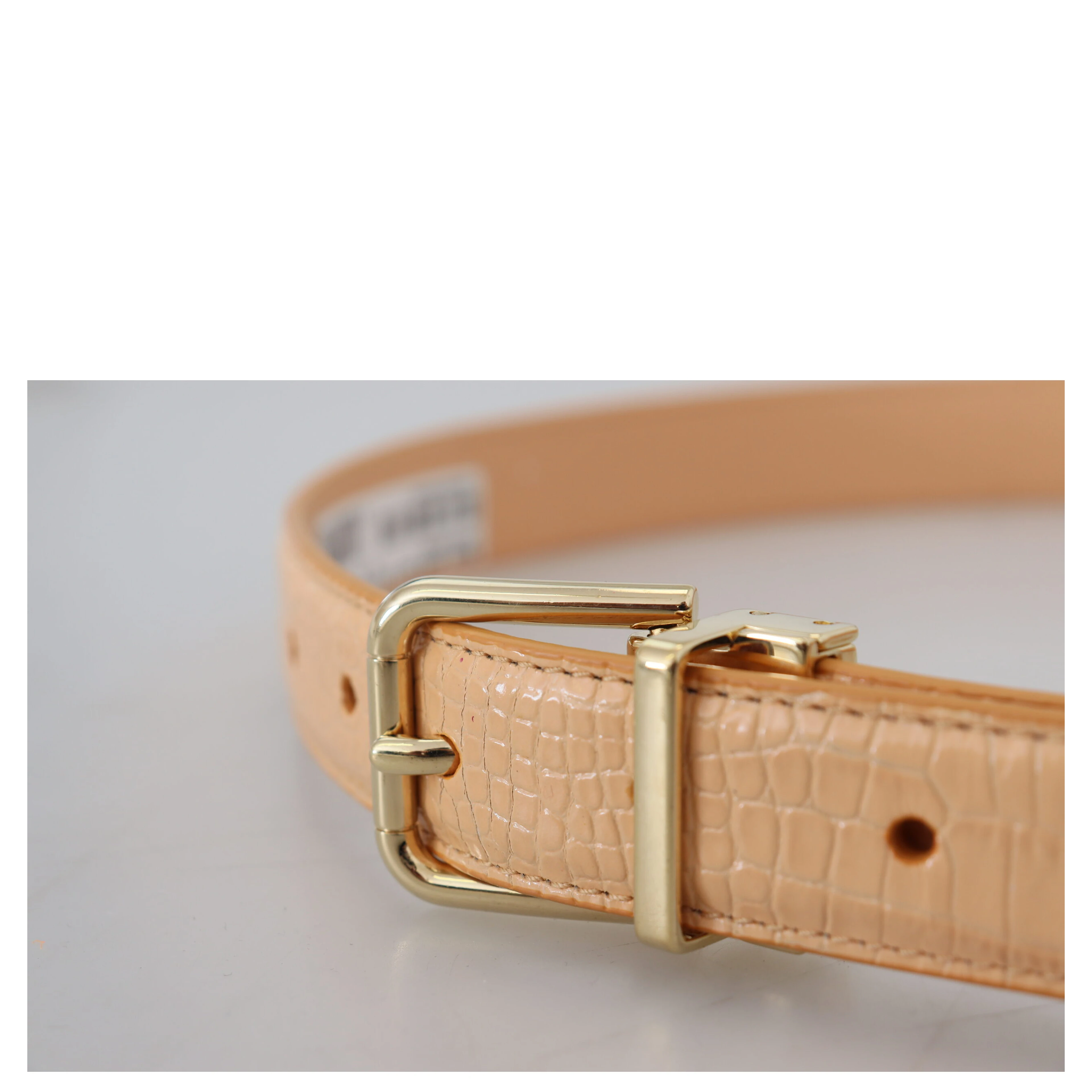 Beige Exotic Leather Gold Metal Buckle Belt