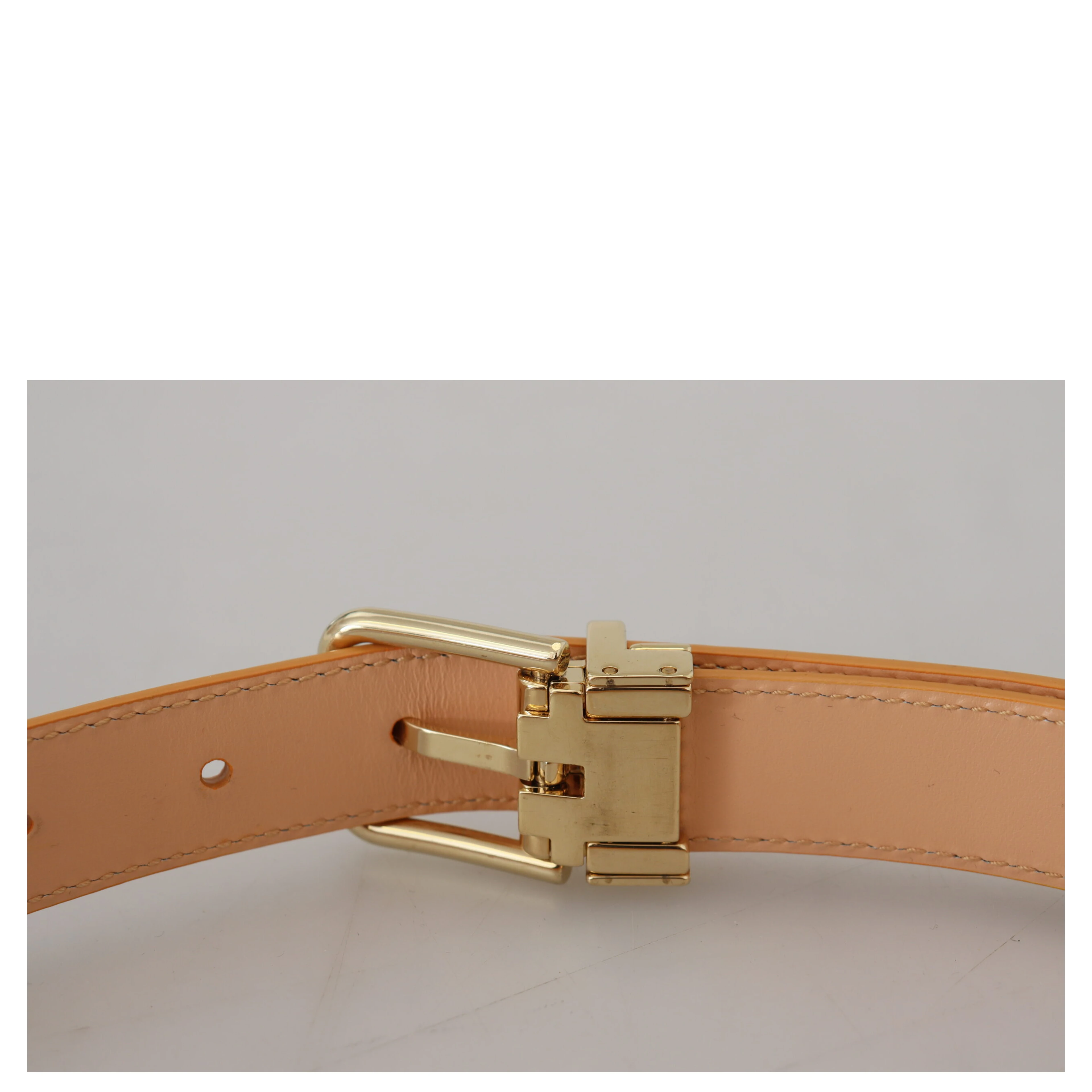 Beige Exotic Leather Gold Metal Buckle Belt