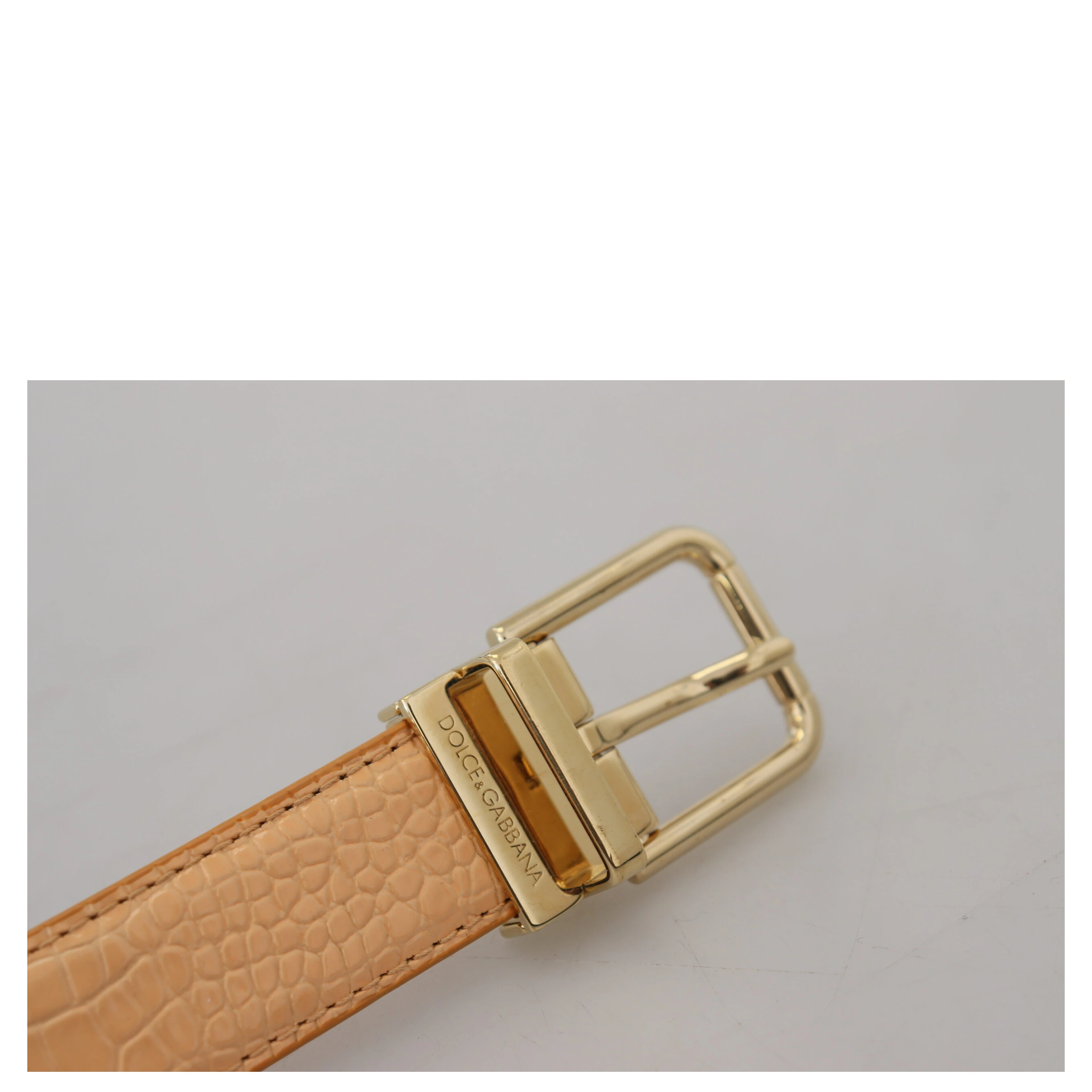 Beige Exotic Leather Gold Metal Buckle Belt