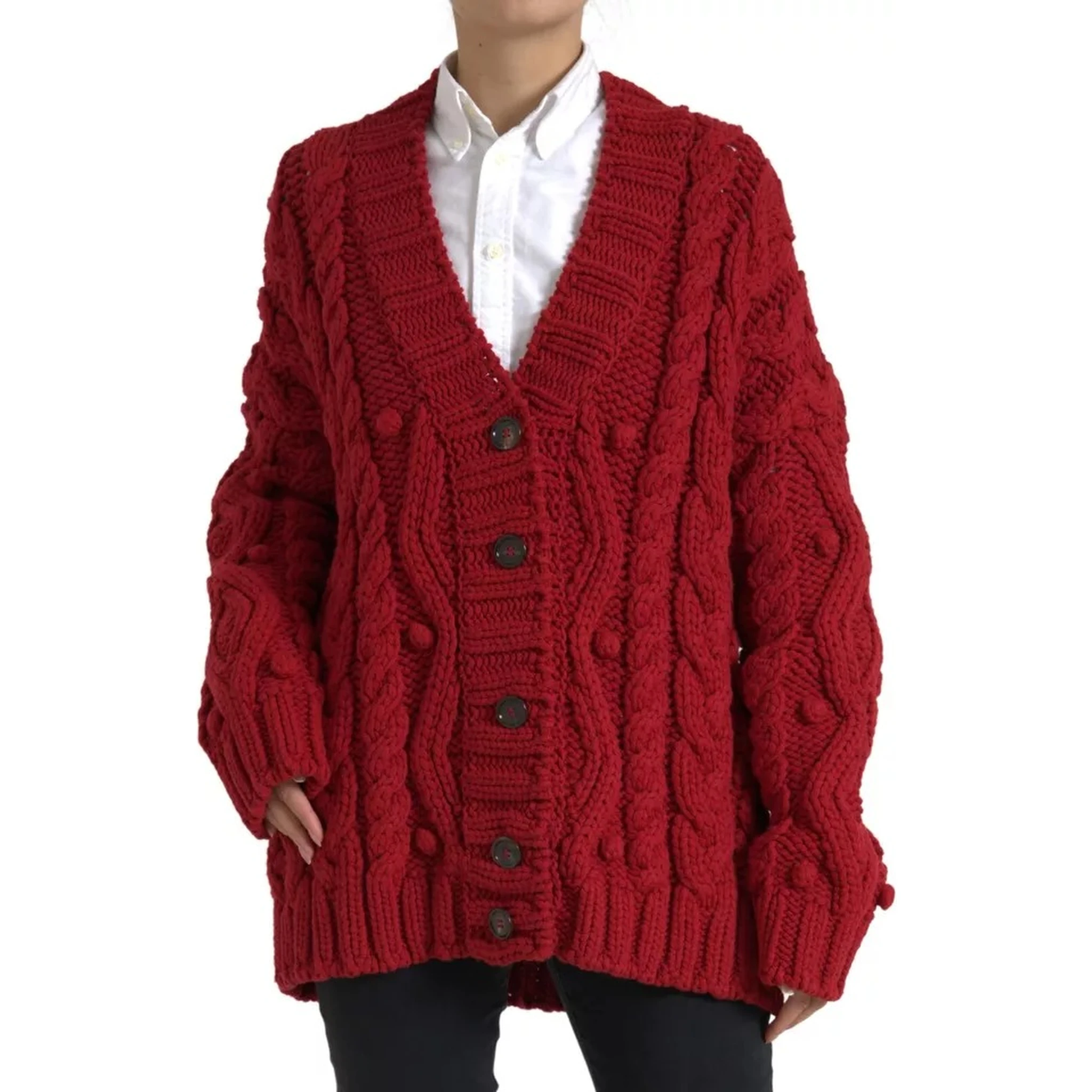 Red Wool Knit Button Down Cardigan Sweater