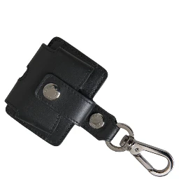 Black Plain Leather Silver Metal Airpods Case